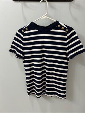 Rafaella Navy & White Striped Short Sleeve Shirt with Gold Buttons